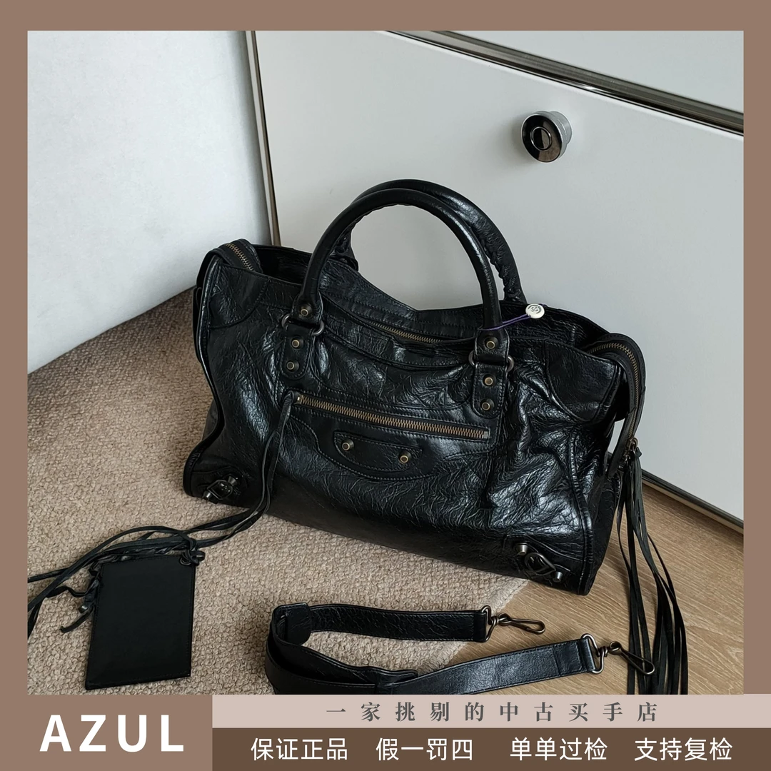 95新 Balenciaga/巴黎世家 Azul-黑羊皮做旧金钉机车中号包 31638