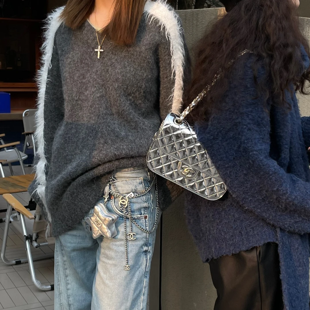 95新  Azul中古-Chanel镜面银淡金扣五角星CF小号斜挎单肩包