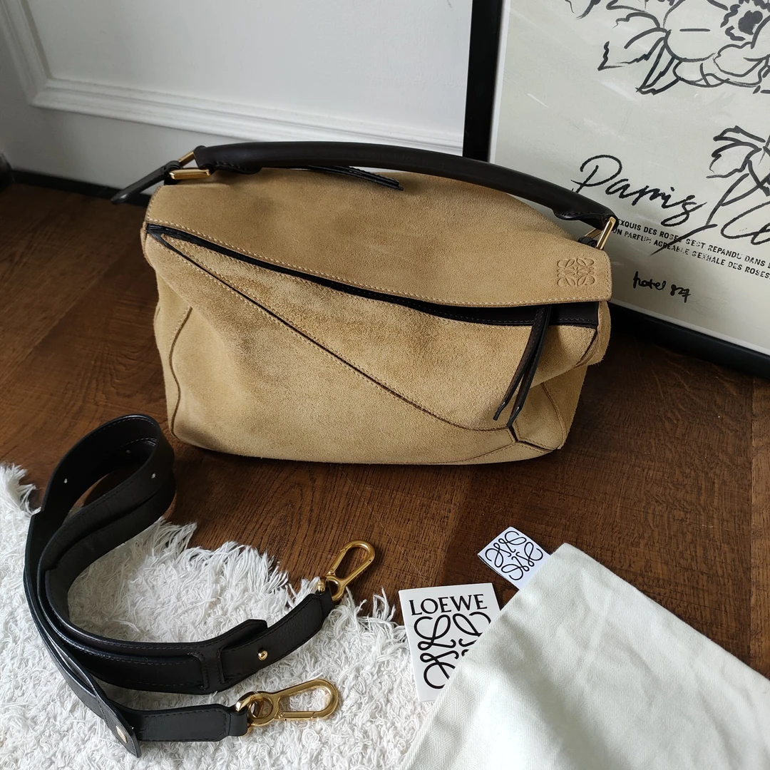 95新 LOEWE/罗意威 Azul-卡其色麂皮拼皮puzzle中号手提包 34934