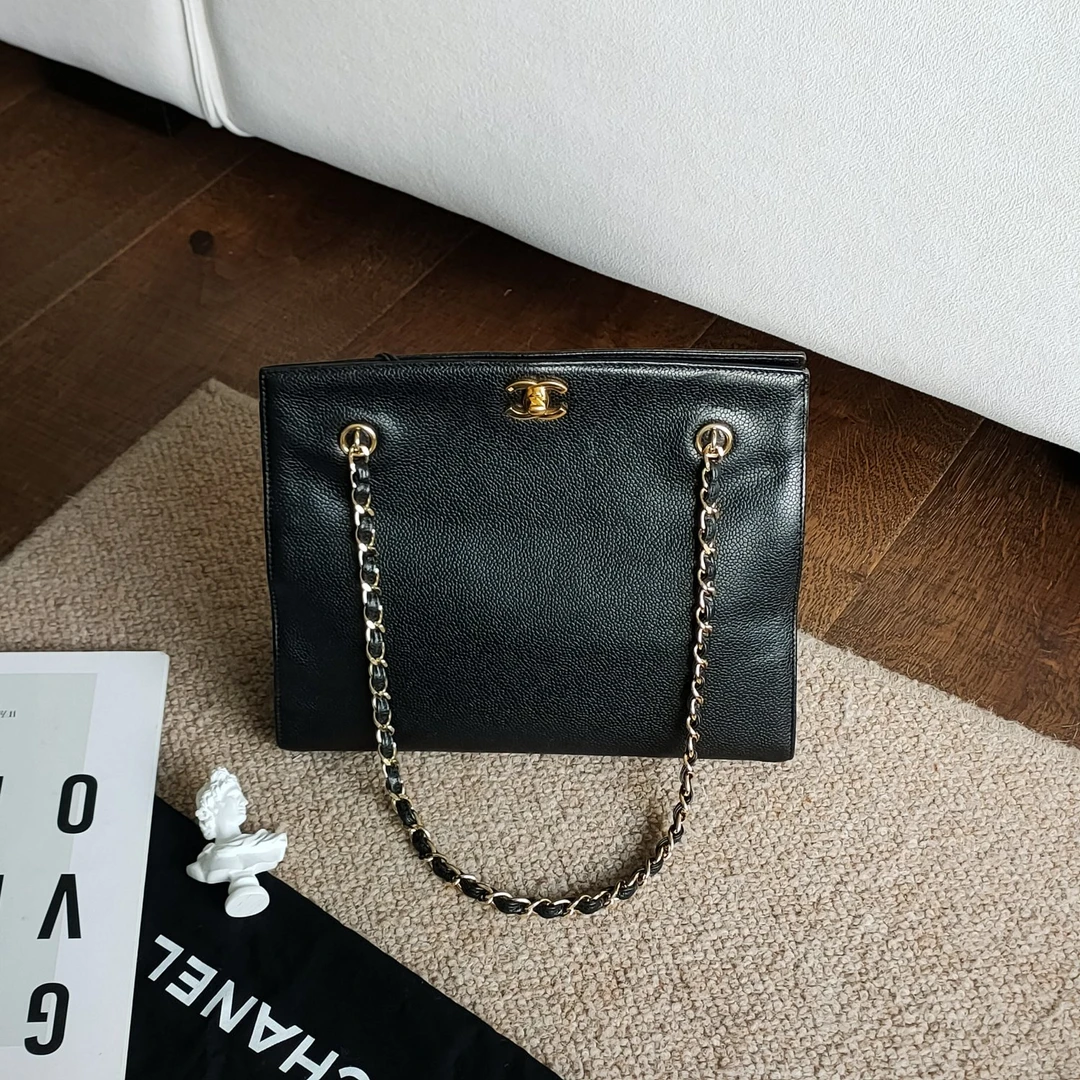 95新 Chanel/香奈儿 Azul-黑金中古 荔枝皮 琴谱托特包35049 休闲