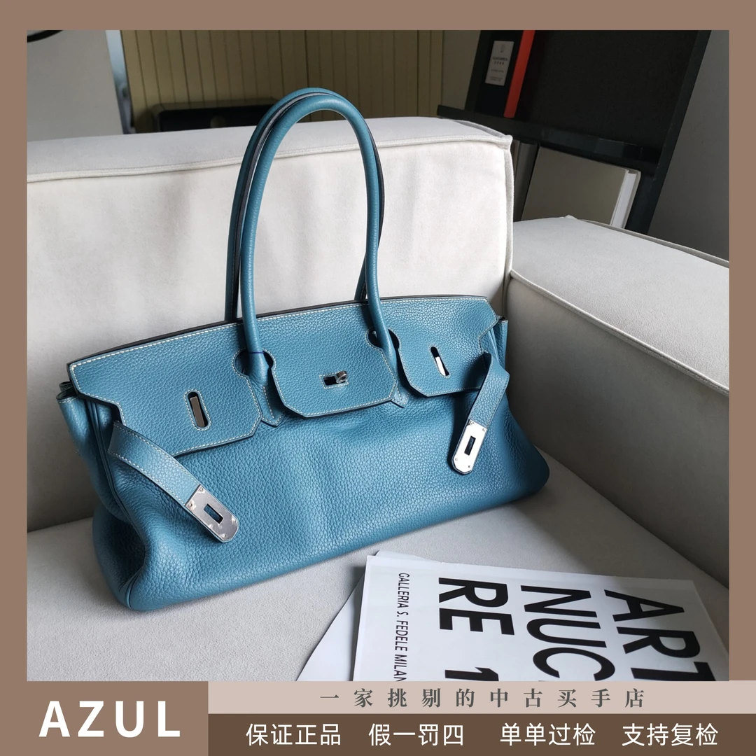 95新 Hermes/爱马仕 Azul-牛仔蓝Togo皮银扣birkin40手提包 33217