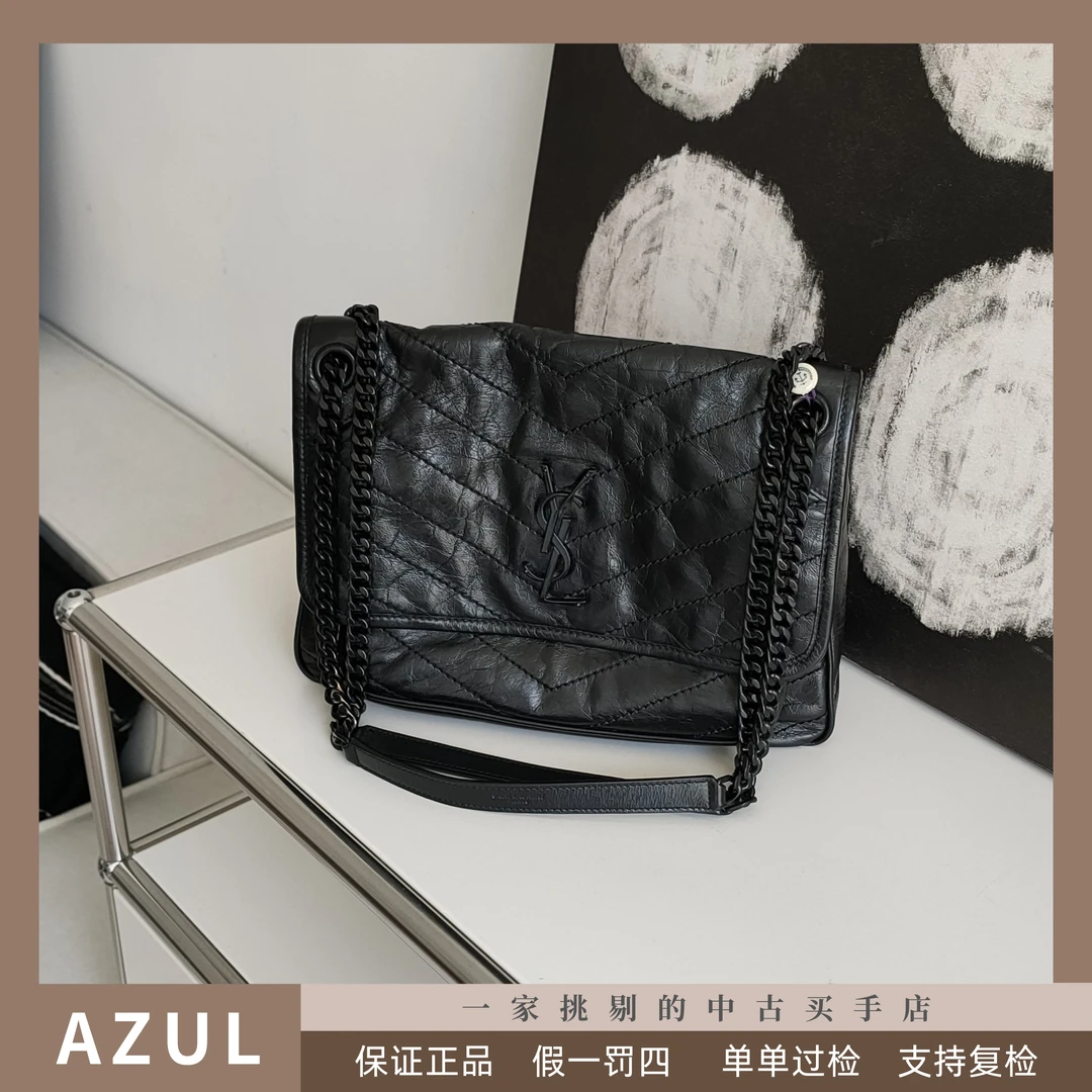 95新 YSL/圣罗兰 Azul-soblack油蜡皮niki中号新款D扣斜挎包31925