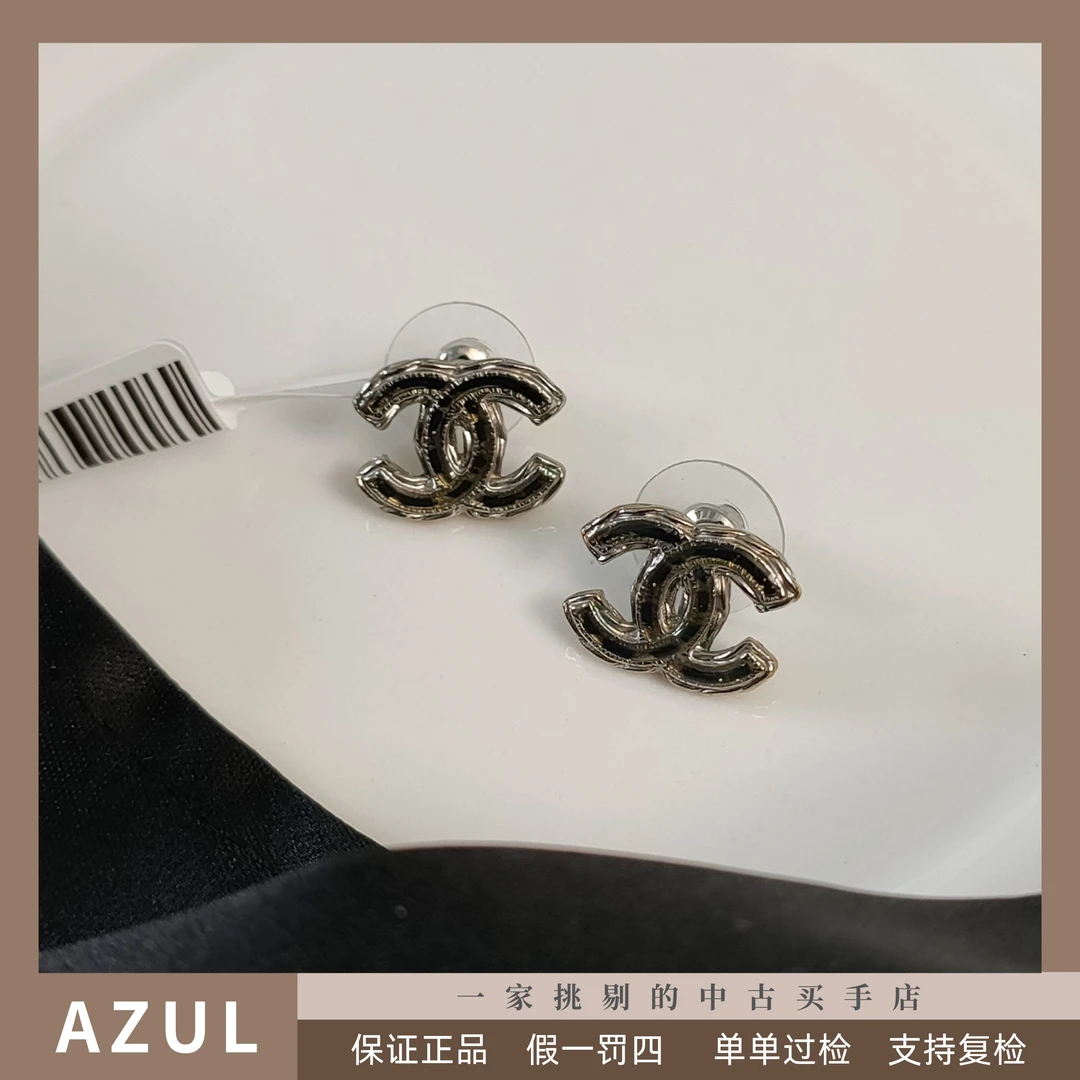 95新 Chanel/香奈儿 Azul-黑金透明亚克力藤条纹双C耳钉/33633