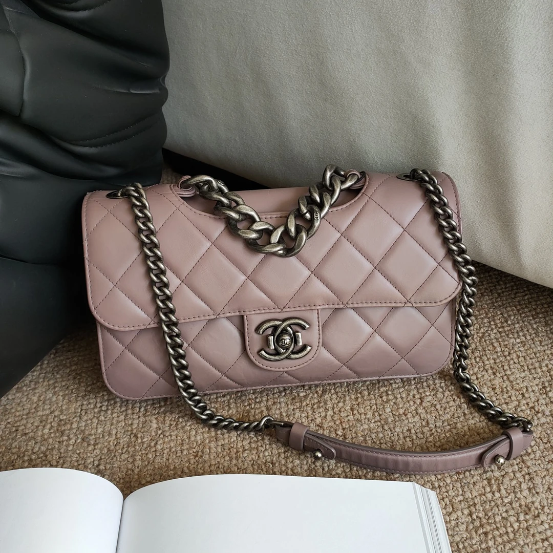 95新  Azul中古-Chanel 灰粉色牛皮孟买小号单肩包21955