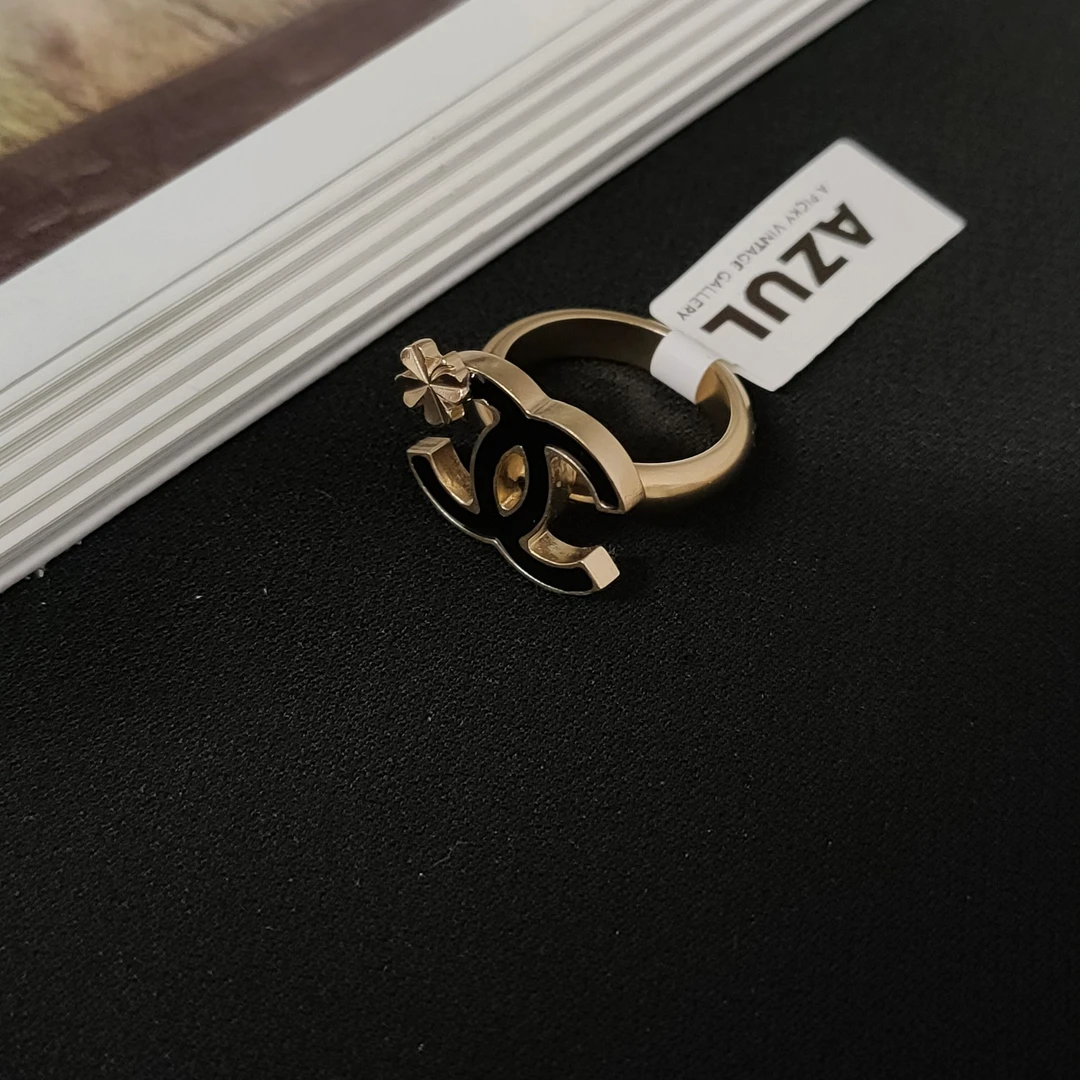 95新 Chanel/香奈儿 AZUL中古-Chanel 黑金珐琅四叶草戒指25697