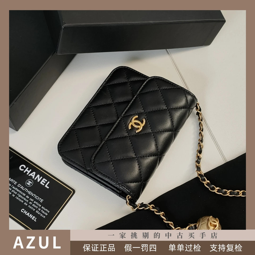95新 Chanel/香奈儿 Azul-黑金羊皮woc mini金球斜挎小废包 32997