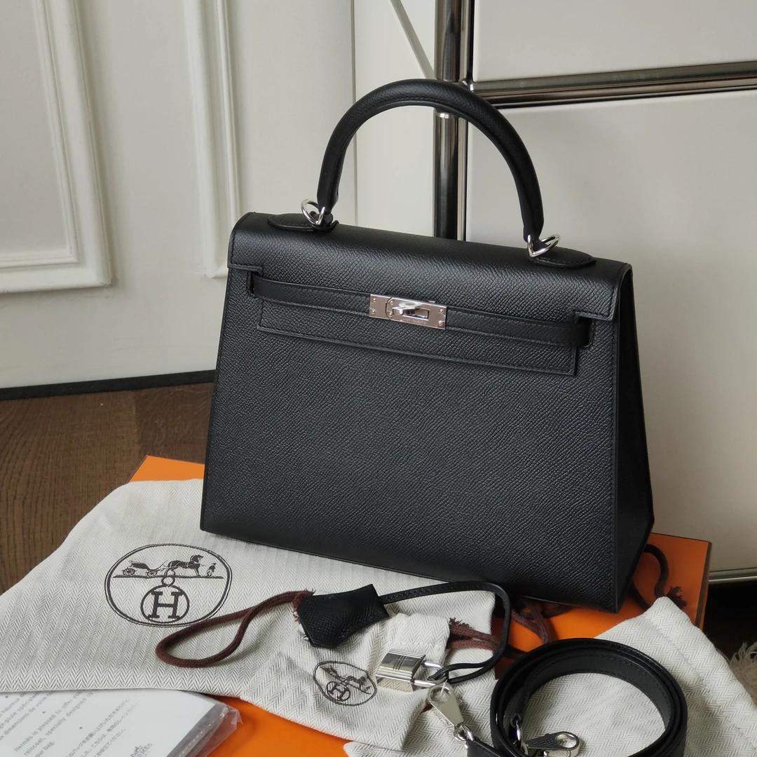 95新 Hermes/爱马仕  Azul-黑银E皮Kelly25双环手提包 34089时尚