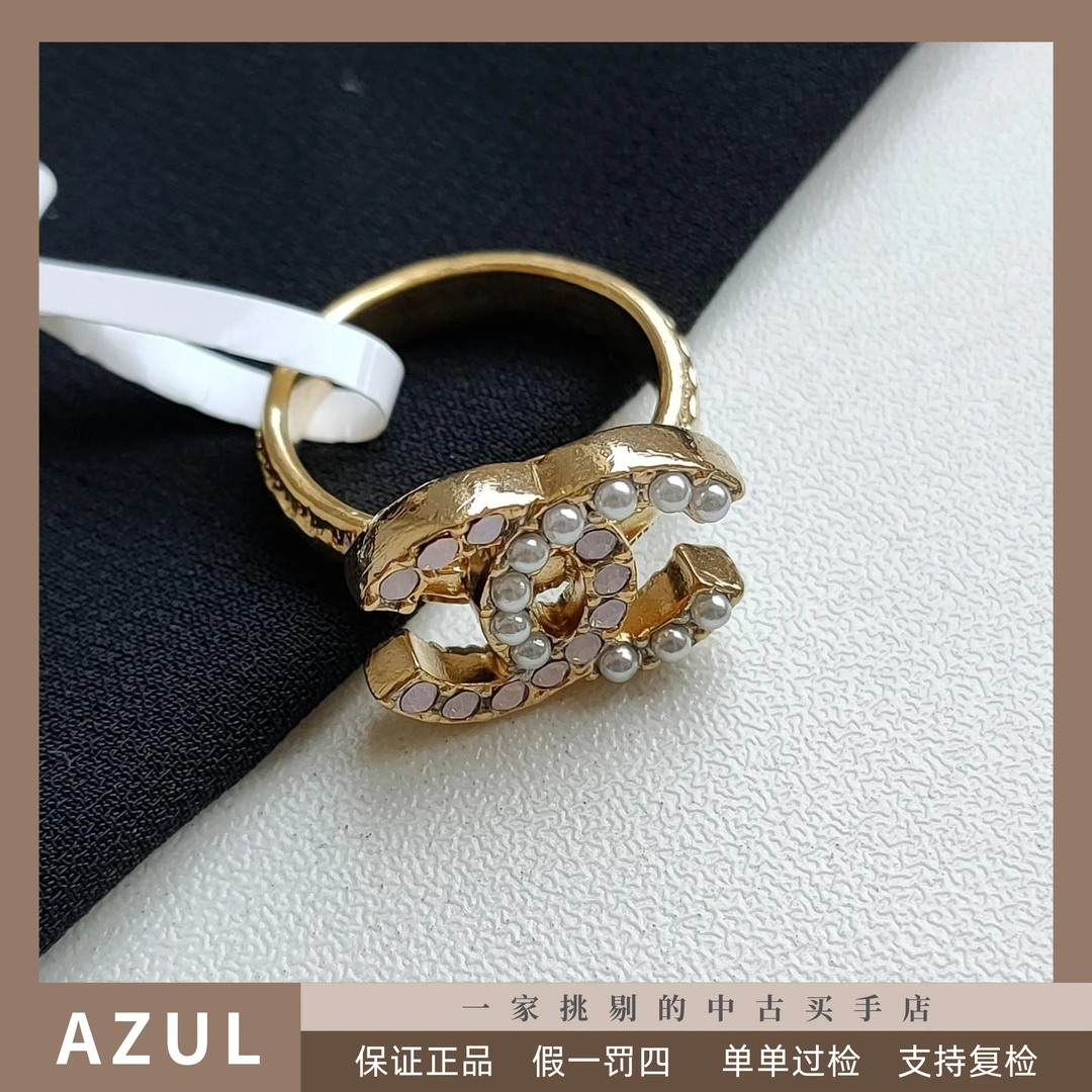 【国庆】AZUL-95新 Chanel/香奈儿 -金色珍珠水钻双C戒指31318