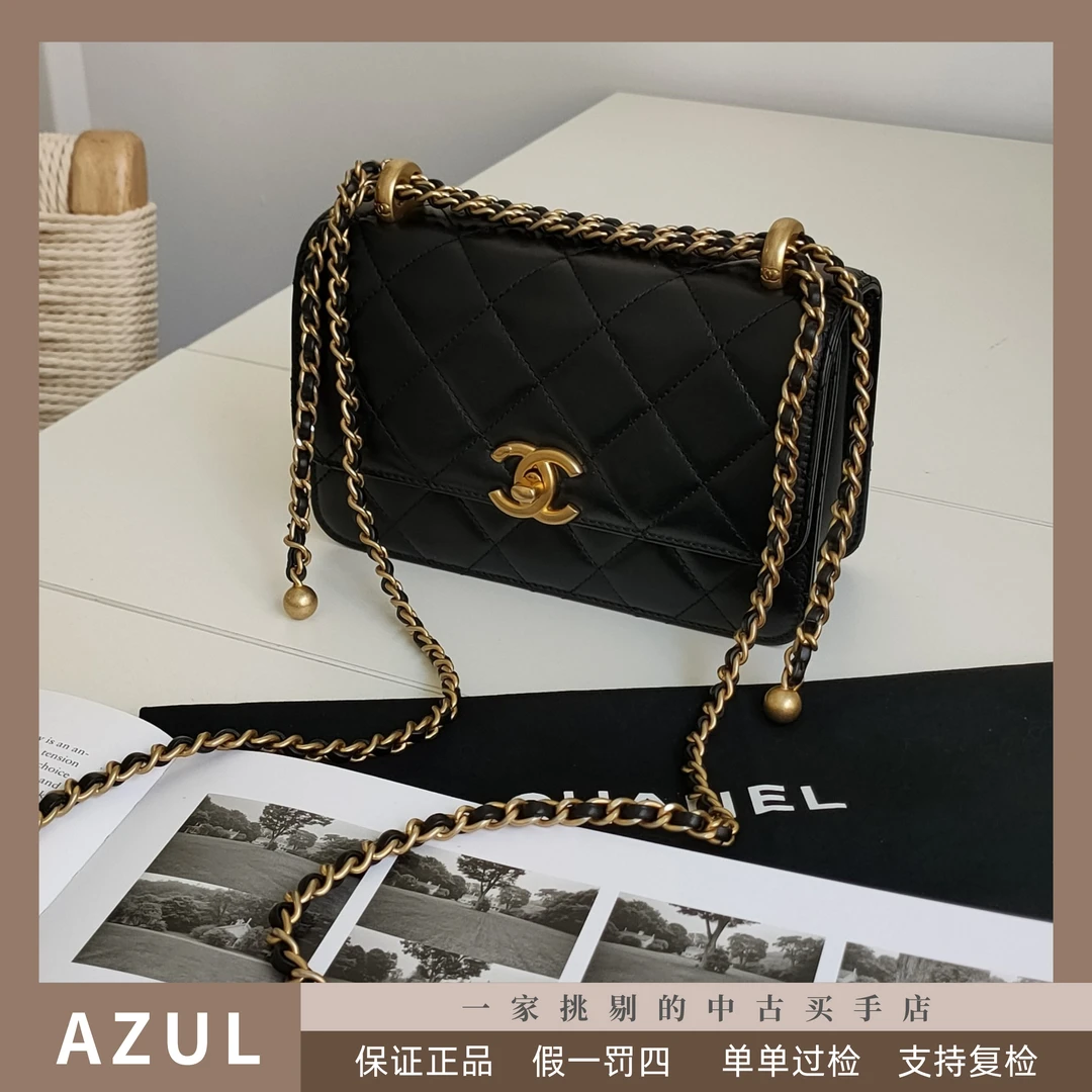 95新 Chanel/香奈儿 AZUL-21A黑金牛皮双金珠19cm链条包32112