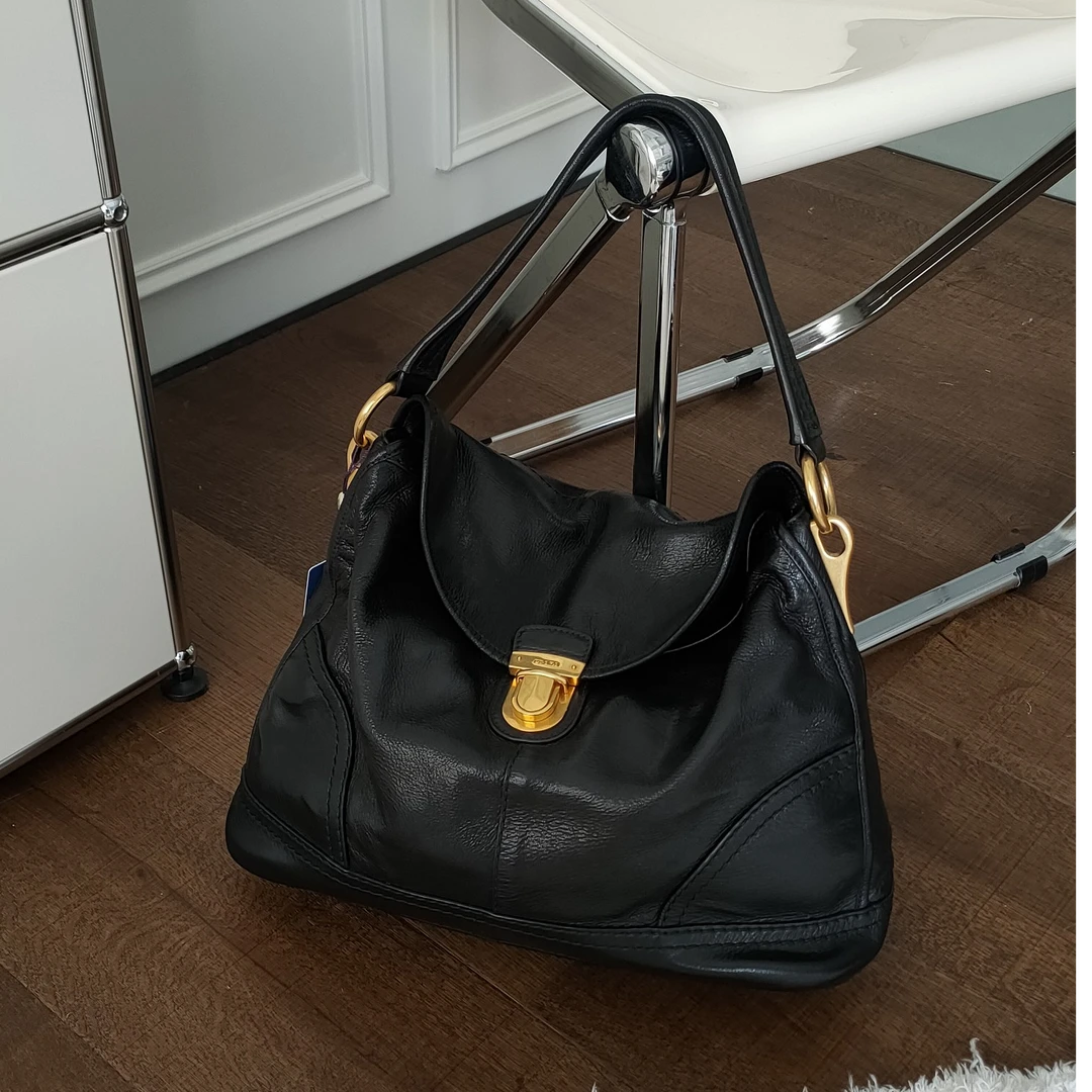 95新 Prada/普拉达 Azul- 黑金 牛皮 手提 单肩包 34442 时尚经典