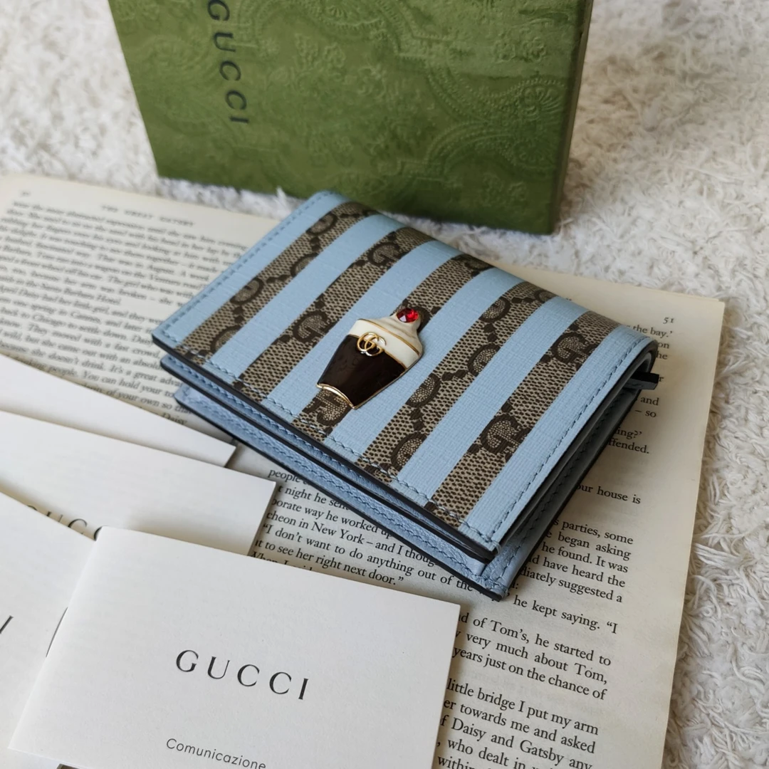 99新 GUCCI/古驰 Azul-雾霾蓝条纹拼老花冰淇淋珐琅扣卡包 35288