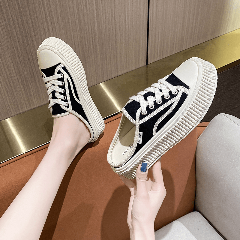 帆布拖鞋2024夏季新款无后跟包头半拖鞋女外穿厚底增高懒人鞋子潮