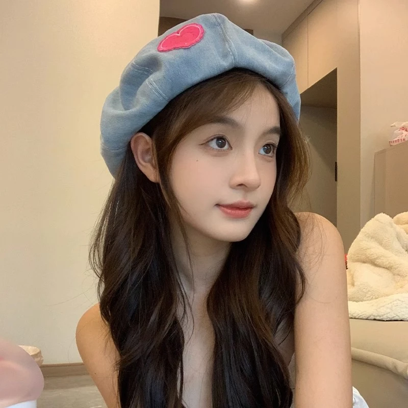 爱心牛仔蓝贝雷帽子女夏季2025新款大头围显脸小春秋冬画家八角帽