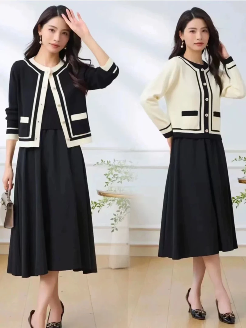针织连衣裙女长袖2024秋冬新款韩版撞色小香风气质显瘦两件套裙子