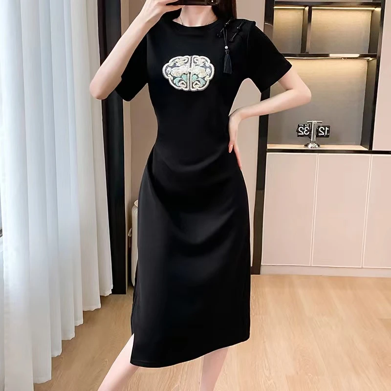 休闲连衣裙女中长款2024夏季新款国风时尚宽松显瘦气质开叉裙子潮