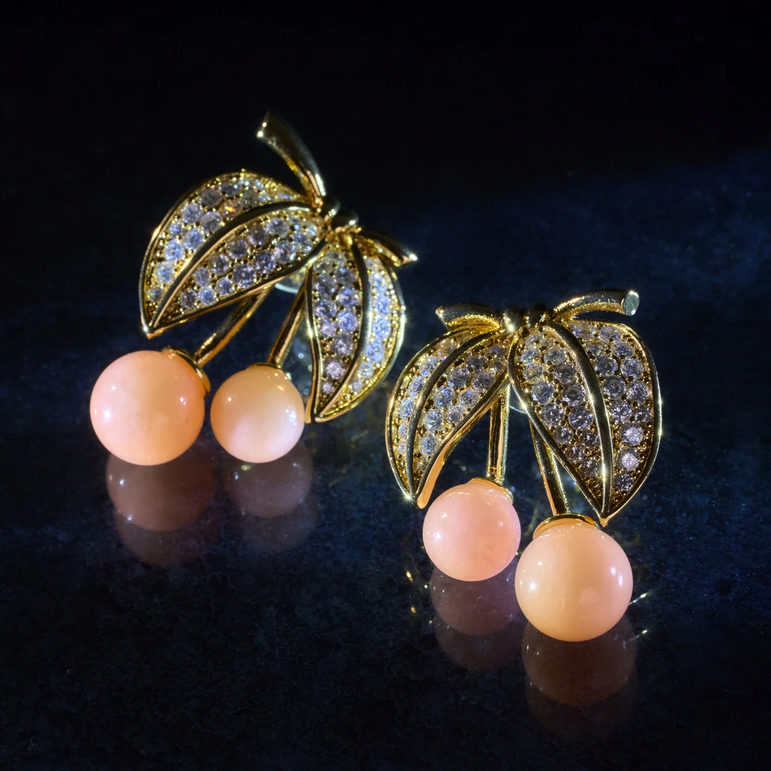 合金锆石耳饰 粉色樱桃耳钉气质小众