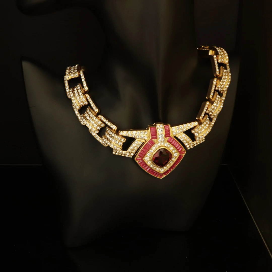 合金玻璃项链 锁骨链vintage重工镶嵌项链红色