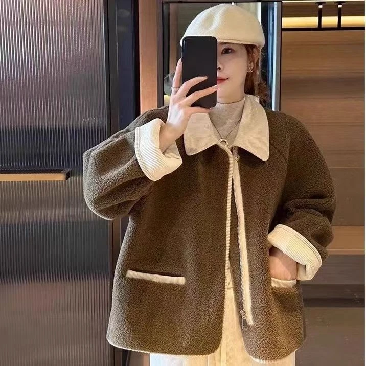 欧货撞色颗粒毛外套女短款春秋款2024冬季新款加厚皮毛一体上衣女
