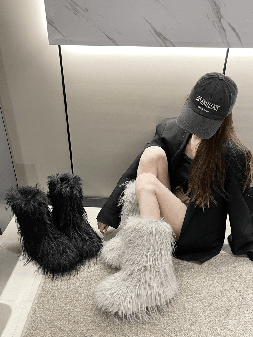 辣妹毛毛靴子2023年冬季新款可爱小众涩谷保暖长筒靴个性雪地靴女