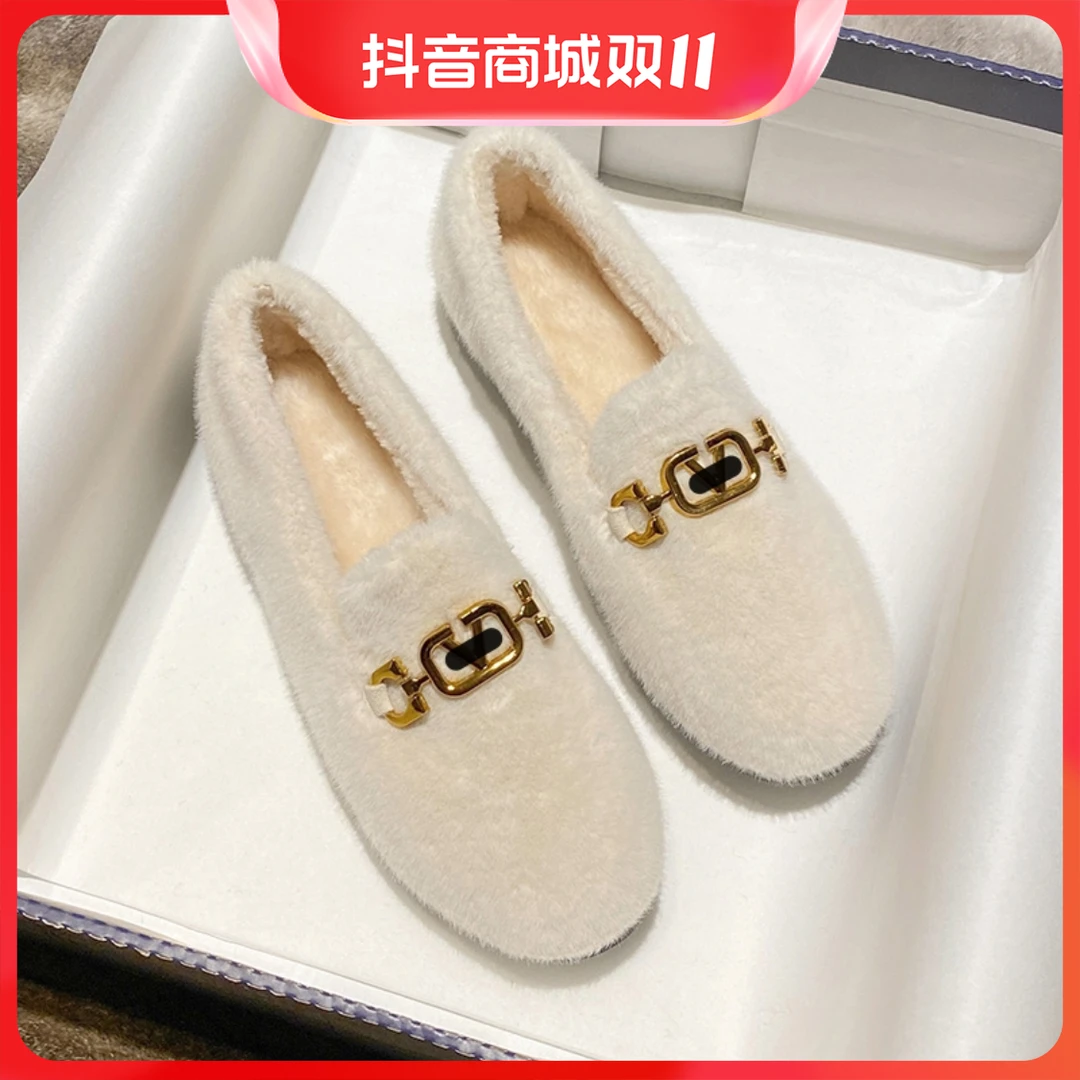 白色毛毛鞋女冬外穿厚底加绒网红水貂毛豆豆鞋棉鞋大码女鞋41一43