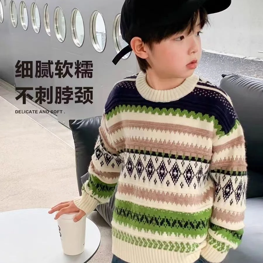 Z7588儿童毛衣秋冬加厚款男童菱形中大童打底衫男孩套头复古线衣