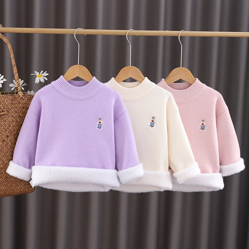 高品质~女童毛衣一体绒加厚冬季中大童加绒保暖儿童刺绣针织衫