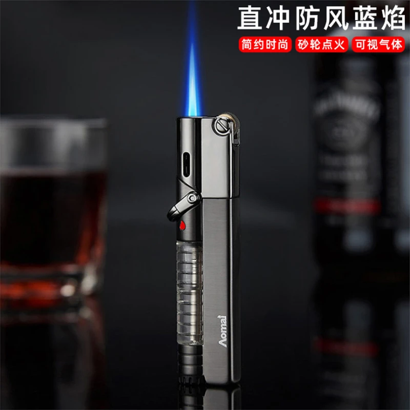 时尚定火直冲充气打火机可视蓝焰创意防风透明气箱点火耐用