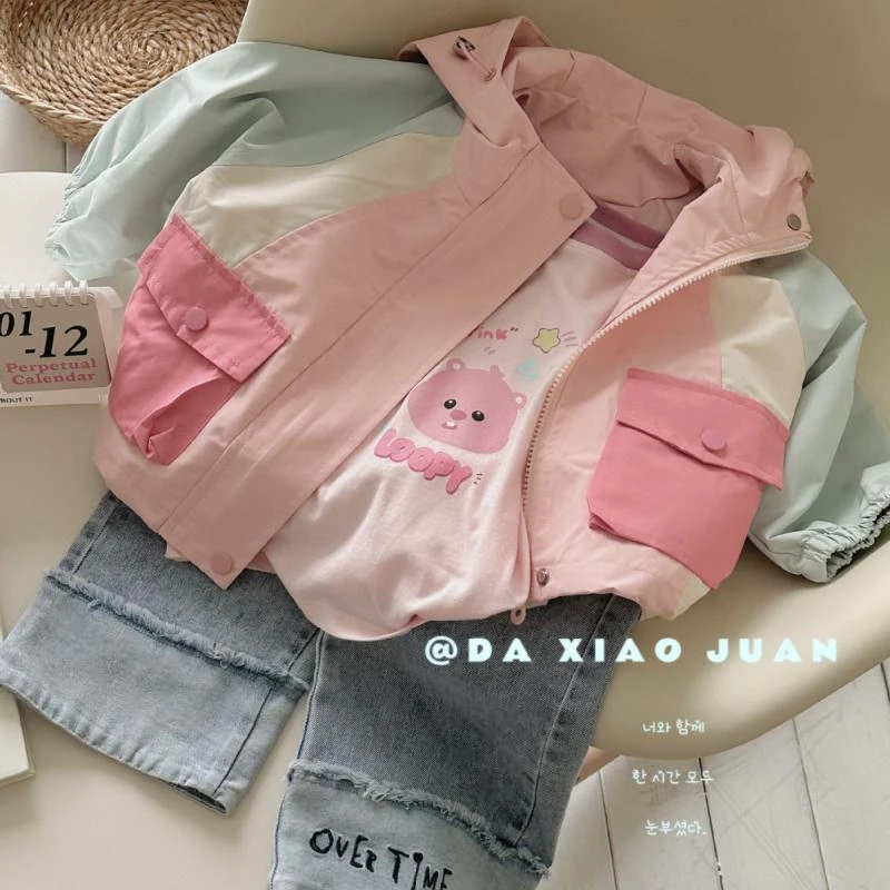 韩版童装女童外套春装2024新款儿童洋气粉色甜美连帽宽松休闲上衣