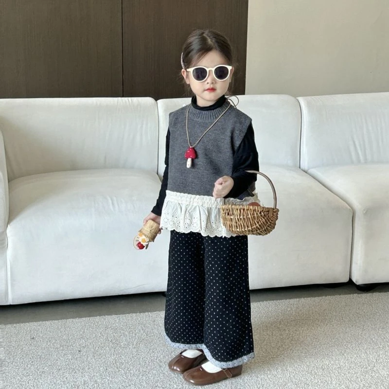 女童套装2024秋装女宝宝蕾丝花边背心打底衫两件套衣服