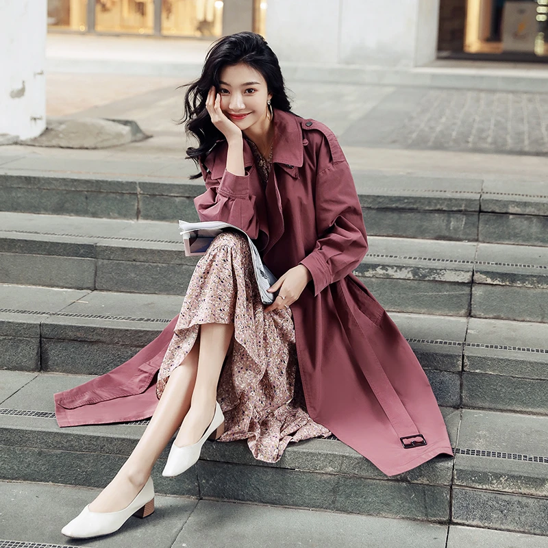 蓝海奕诺干枯玫瑰设计感百搭风衣外套2024秋季过膝洋气大衣女装潮