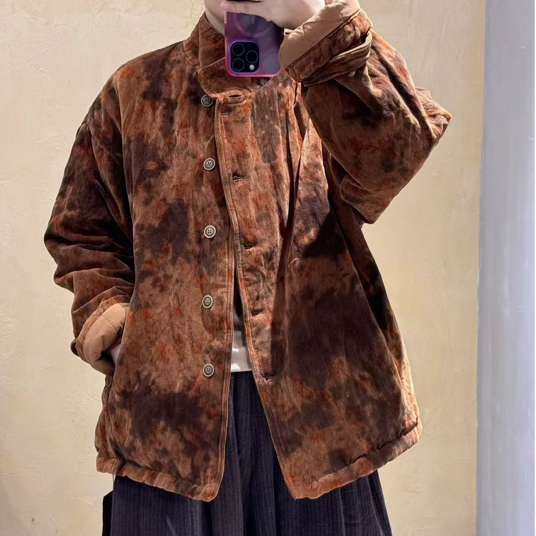 2024秋冬新款宽松复古加绒迷彩加厚扎染宽松棉衣242593