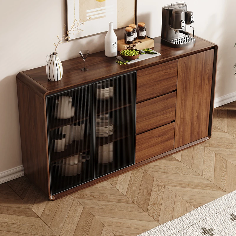 厨房餐边柜靠墙一体储物柜客厅新中式小户型超薄简约胡桃木色柜子