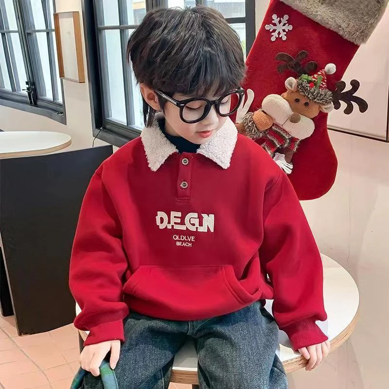 男童加绒卫衣冬装2023新款儿童装红色加厚翻领上衣男孩喜庆过年服