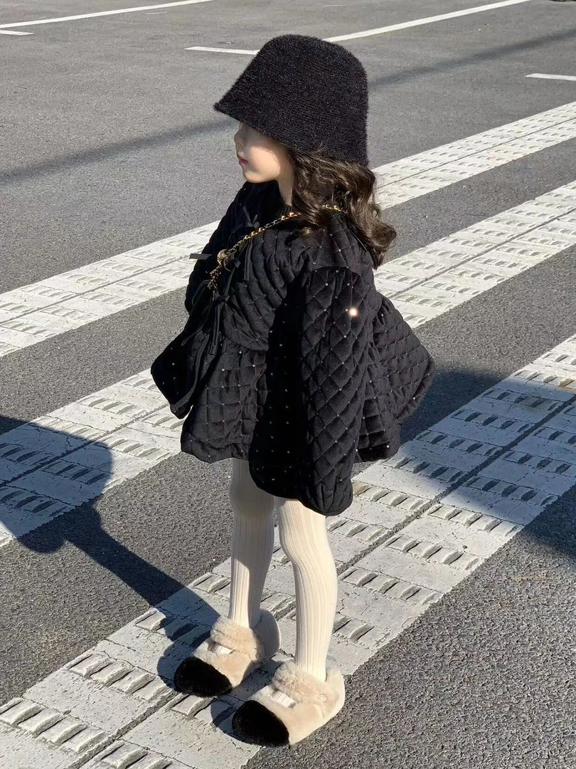 韩国童装2023秋冬新款小香风时尚亮片丝绒加厚夹棉服外套短裤子潮