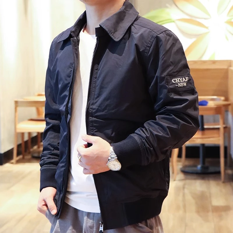 秋冬男士防风夹克商务休闲百搭翻领纯色双层外套上衣中青年上衣潮