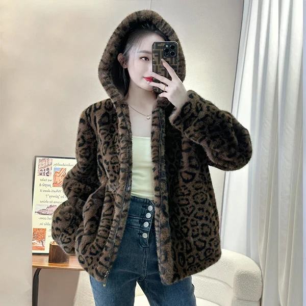 连帽休闲时尚豹纹雪兰貂外套宽松短款冬季保暖