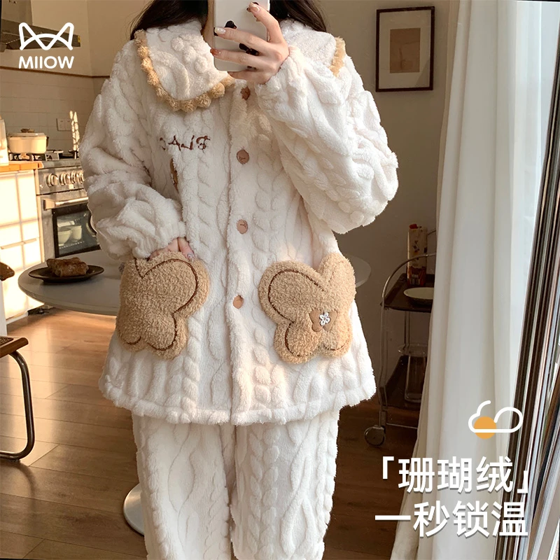 猫人珊瑚绒睡衣女秋冬季加绒加厚公主风2025新款法兰绒保暖家居服