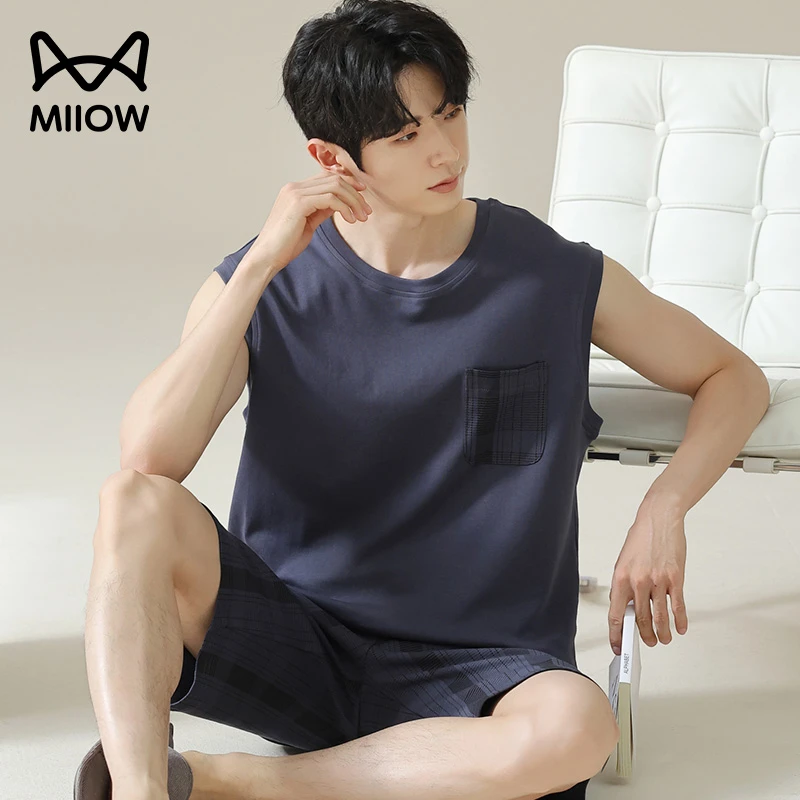 猫人纯棉睡衣男款背心短裤套装2025新款可外穿休闲简约夏日家居服