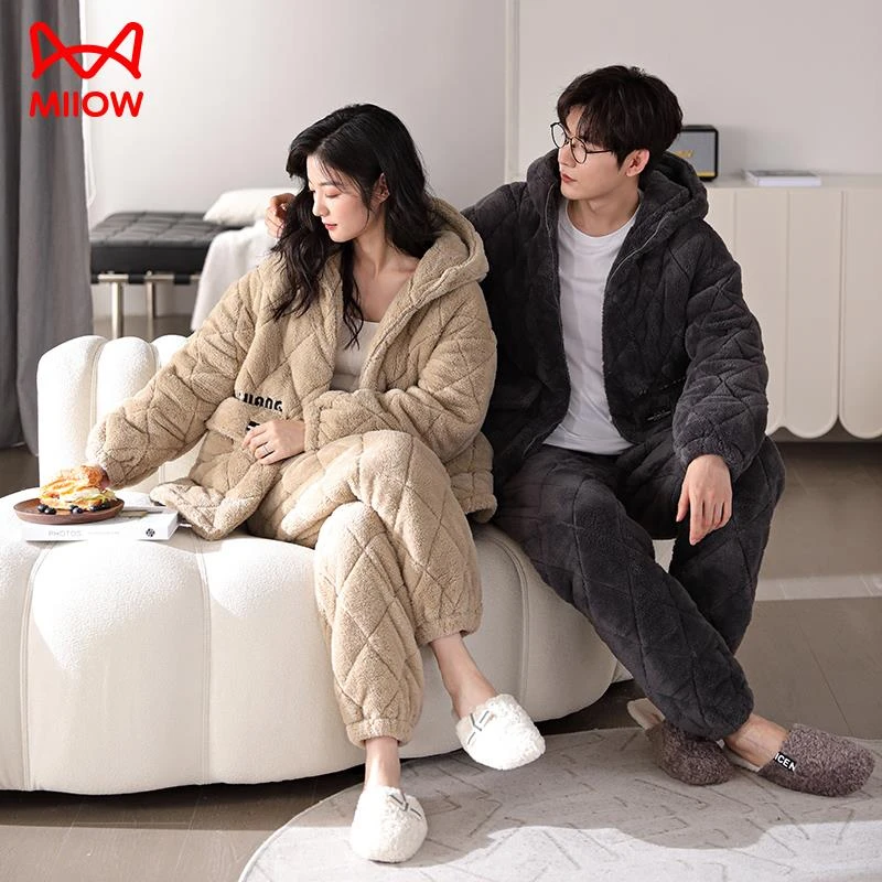 猫人三层夹棉睡衣女款冬季2025新款连帽情侣家居服套装男款可外穿