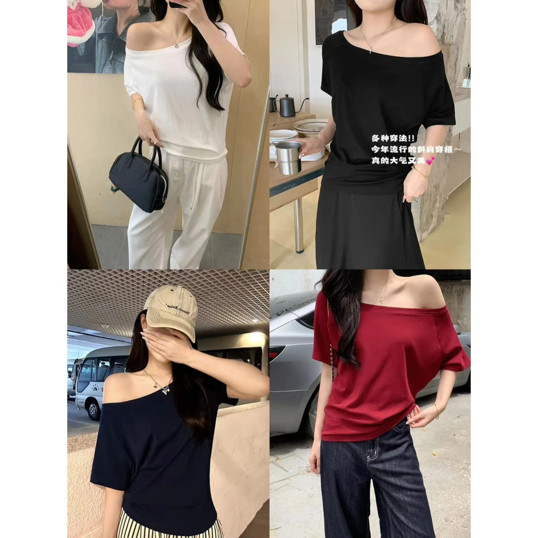 斜肩一字肩短袖T恤女夏季慵懒不规则松弛感纯欲上衣露肩显瘦气质