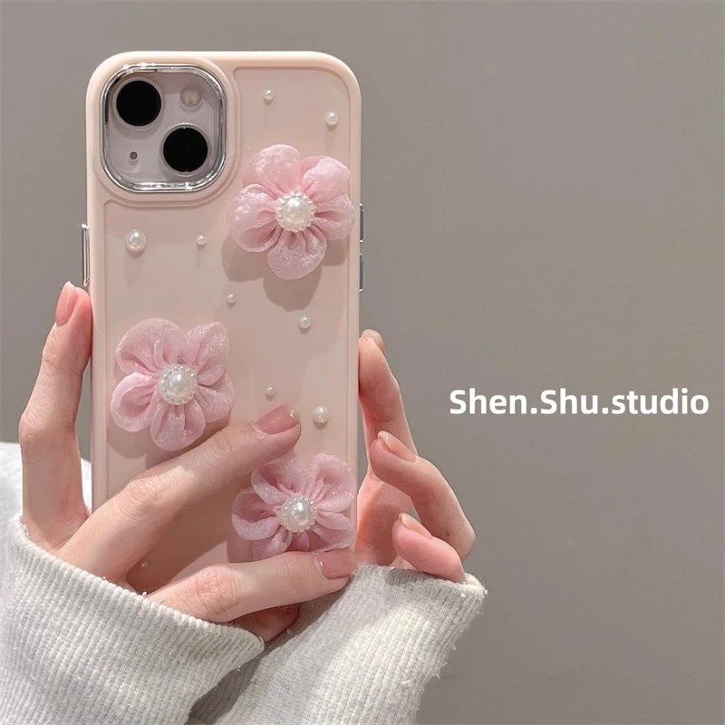 珍珠花朵适用iphone13苹果14网红手机壳15promax可爱12少女11防摔