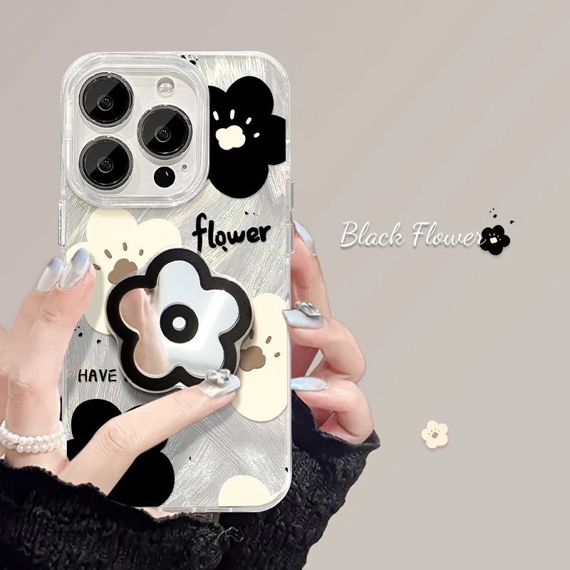 黑色花朵支架适用iPhone14苹果13promax手机壳15小众ins创意x简约