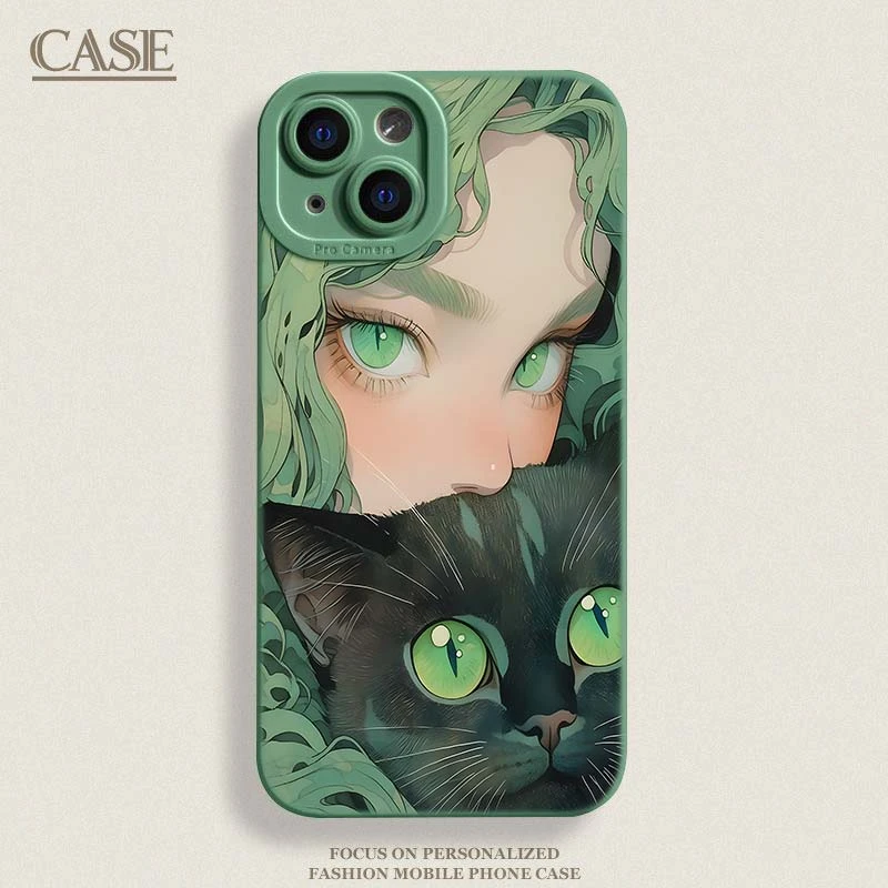 少女抱猫蓝发女孩全包iPhone14苹果13promax可爱15创意12小众艺术