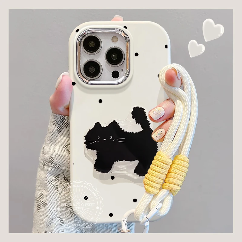 可爱黑波点猫咪支架适用iPhone14苹果13硅胶手机壳15promax趣味xr