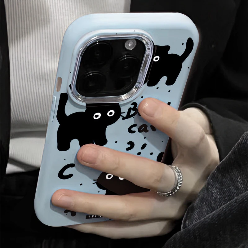 可爱黑色猫咪适用iPhone14苹果13小众15promax卡通11情侣手机壳12