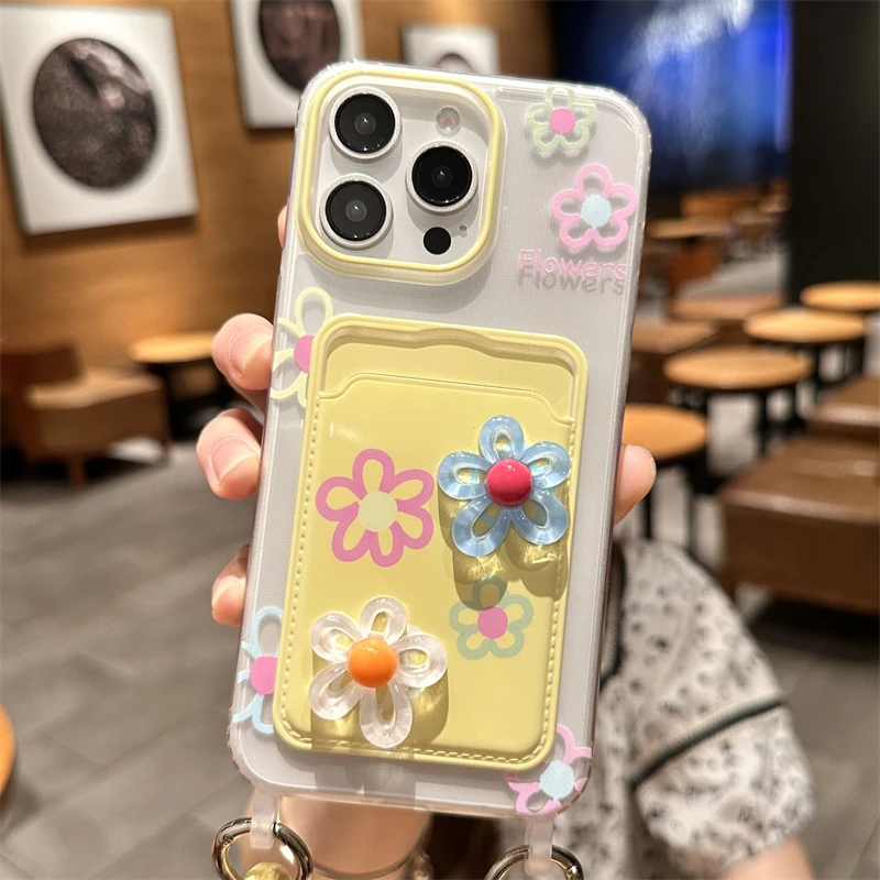 立体彩色花朵适用iPhone13苹果15挂绳手机壳14promax网红女款卡包