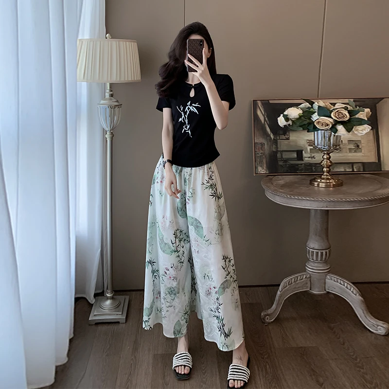 高级感新中式时尚套装女夏季新款减龄显瘦黑色短袖雪纺裙裤两件套