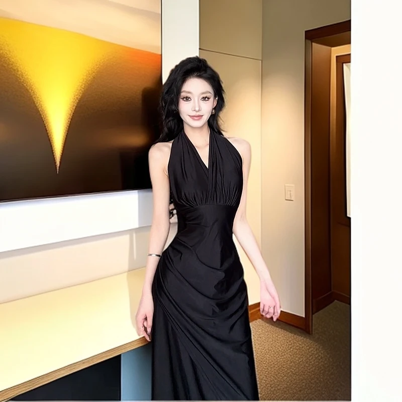 多种穿法气质黑色连衣裙女开叉礼服裙纯欲风轻奢性感显瘦长裙