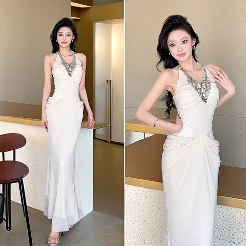 美神降临胸大腰细褶皱蕾丝重工钉珠拼接挂脖连衣裙长裙女