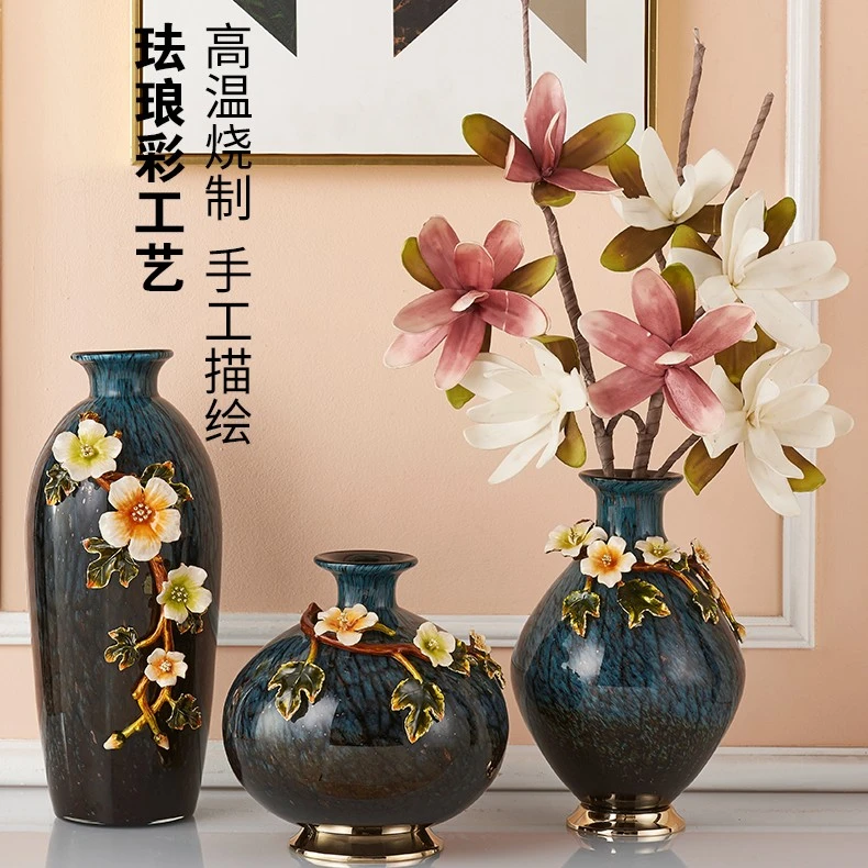 手工描绘珐琅彩干花花瓶家居摆件家居饰品欧式别墅创意玄关摆设